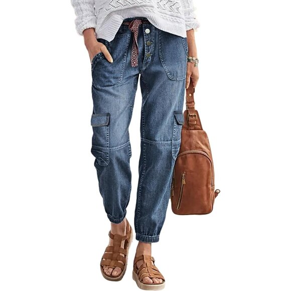 Straight Leg Button Fly Jeans for Women Multi Pocket Mid Rise Jeans Without Belt